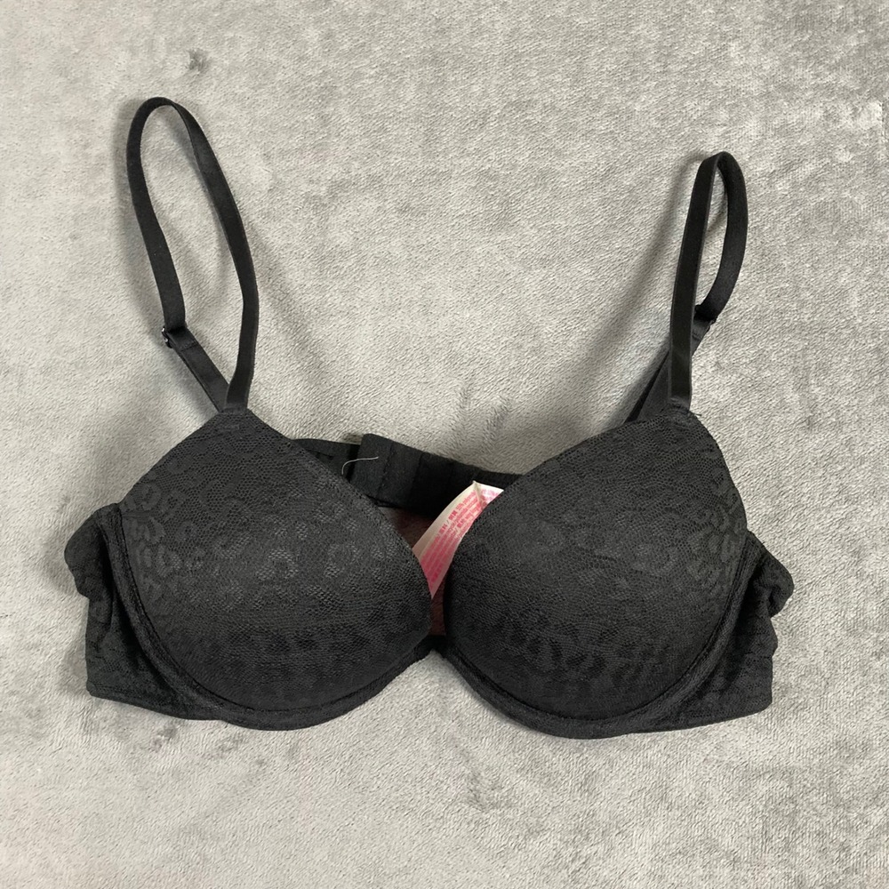 Victorias Secret PINK Wear Everywhere Super Push Up Bra Black Leopard Lace 36A